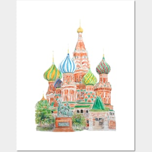 Moscow Saint Basil's Cathedral watercolor on background Posters and Art